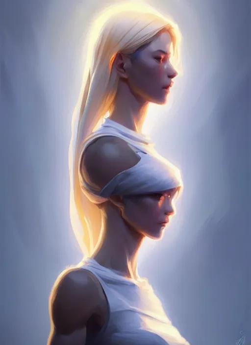 Image similar to digital character concept art by artgerm greg rutkowski sylvain sarrailh. clear portrait of a shy modern wife blessed by god to grow immaculately fertile and perfect!! blonde, in clothes! holy body! light effect. hyper detailed, glowing lights!! intricate, elegant, digital painting, artstation, smooth, sharp focus