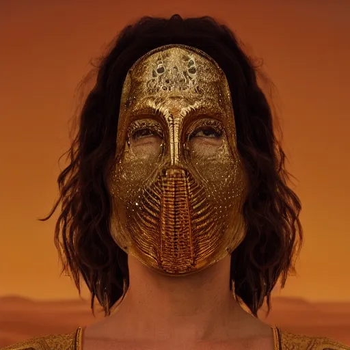 Image similar to full body shot of a pale woman in a desert lanscape, wearing a full face occult golden mask, dry desert background, smoke around her, , several glowing eyes, award winning photography, 8k, in the style of Darren Arnofsky, David Lynch and Alejandro Jodorowsky,