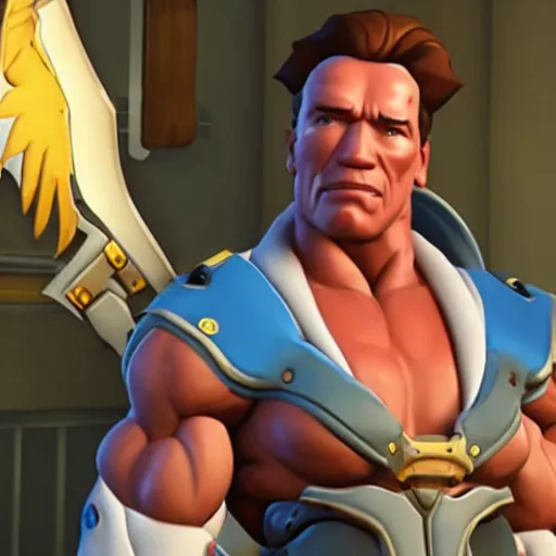 Image similar to a screenshot of arnold schwarzenegger as mercy in overwatch