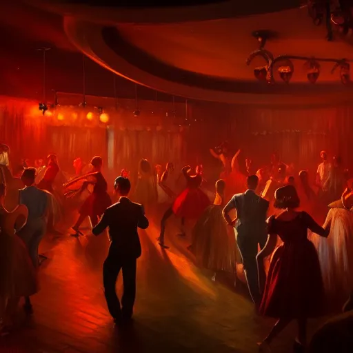 Image similar to 1 9 5 0 s night club with people dancing by otto dix and greg rutkowski and andreas rocha, cinematic lighting, warm colours, ultra realistic, unreal engine, trending on artstation, 4 k