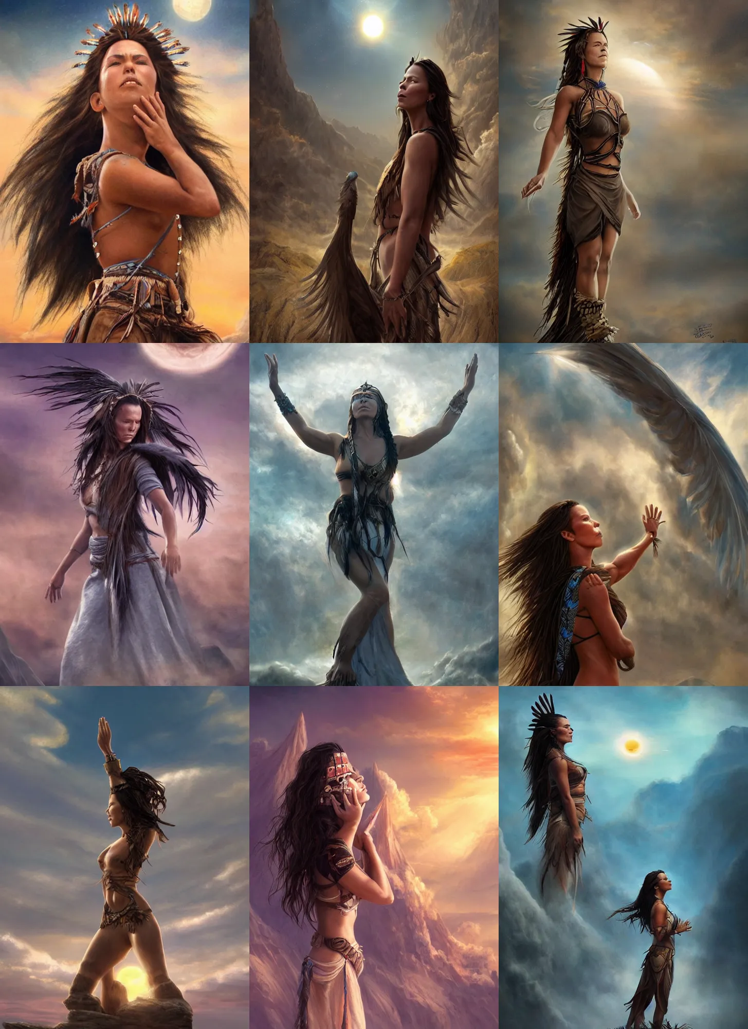 Prompt: indigenous woman starring at the sky, with arms up, praying at the sun, weared as dnd thitef, face of kate beckinsale, gorgeous female, matte painting, fantasy art