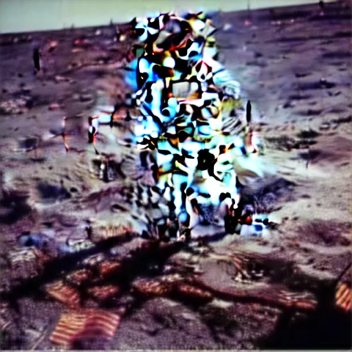 Image similar to Emmanuel Macron in Apollo 11, on the moon planting a French flag, NASA photo style, hyper realistic multiple details, shimmering light