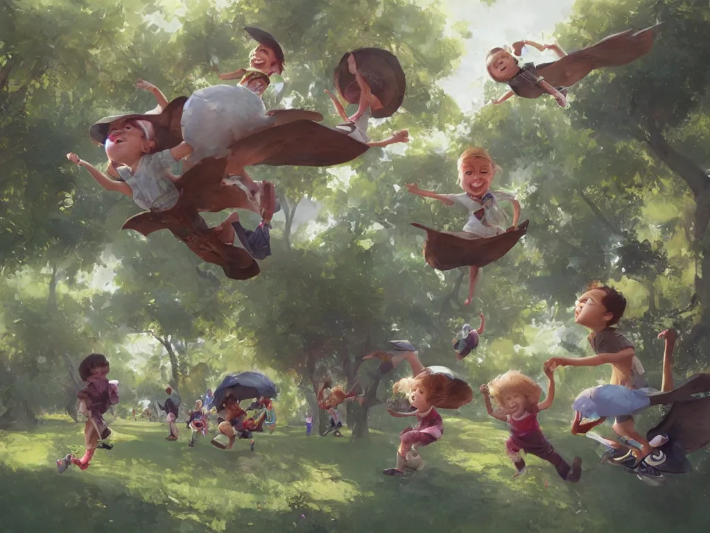 Image similar to happy children fly through a public park, by alejandro burdisio and bob bylerley and greg rutkowski