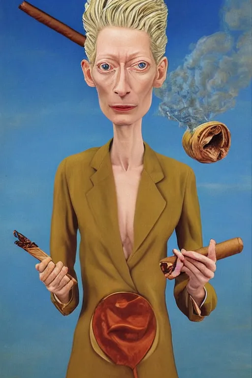 Prompt: symmetry!! photorealistic caricature of tilda swinton as assumpta corpuscularia lapislazulina smoking a cuban cigar by salvador dali, oil painting, detailed, centered