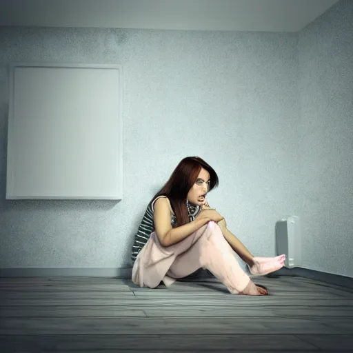 Prompt: a pretty young woman who is very depressed and feeling hopeless sitting in the corner of her room waiting for The End. fractal lighting. machine shadowing. happy image of a mentally unwell young woman. 'happy birthday depressed young woman, hahaha!', worthless soul sitting in the corner of her room. a 3D render using Daz3D by Titian and J. M. W. Turner and Amedeo Modigliani in collaboration.