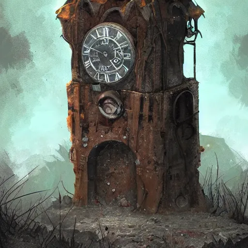 Prompt: an abandoned old,rusty, claimed by nature clock tower in a dark enormous cave, painting, illustration, Concept art, art station, DeviantArt