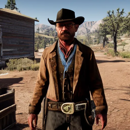 Image similar to Walter White as a Red Dead Redemption 2 character, in game screenshot