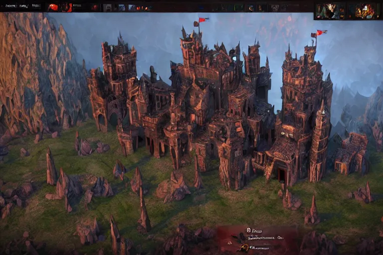 Image similar to big evil castle - city rock dark shadow elves, might and magic heroes vii, dark fantasy, shadows, artstation trending, unreal engine 5, red