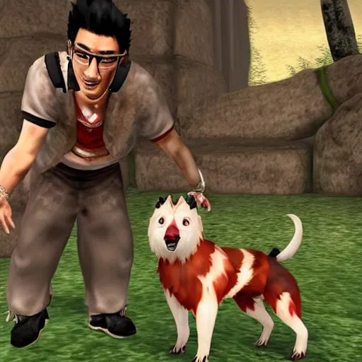 Prompt: Screenshot of the Markiplier character in the PlayStation 2 game Okami. HDR, 4k, 8k, Okami being petted by the YouTuber Markiplier, who is looking at the camera while petting Okami. Very accurate depiction of Markiplier in Okami. Okami looks exactly like the game.
