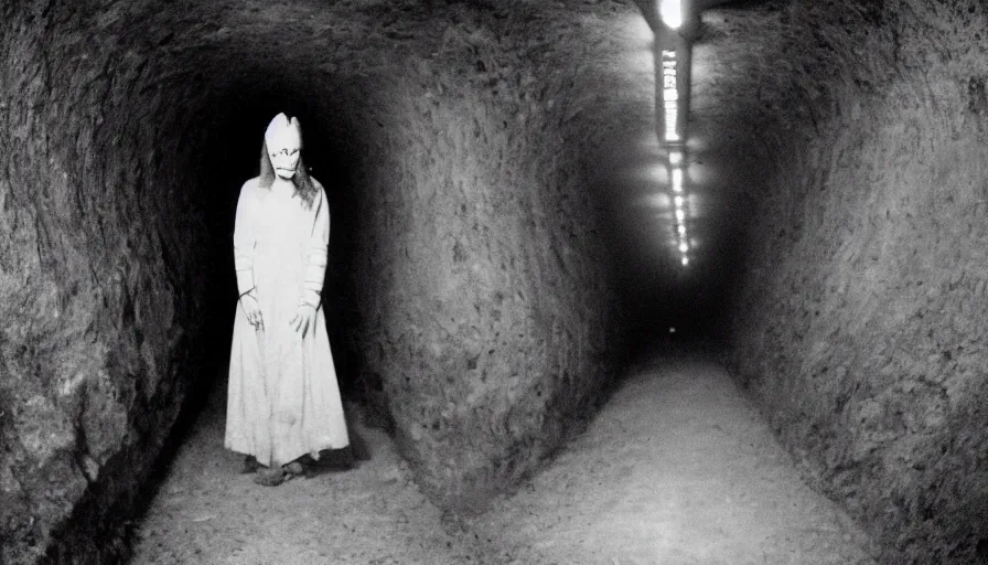 Image similar to portrait of a white female phantom with a root fingers in an empty soviet tunnel, early black and white 8mm, heavy grain, low quality,