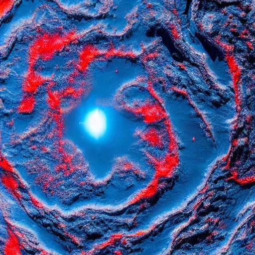 Prompt: a picture of an alien planet, taken from orbit, dark blue planet, red narrow lava rivers, astronomical imaging