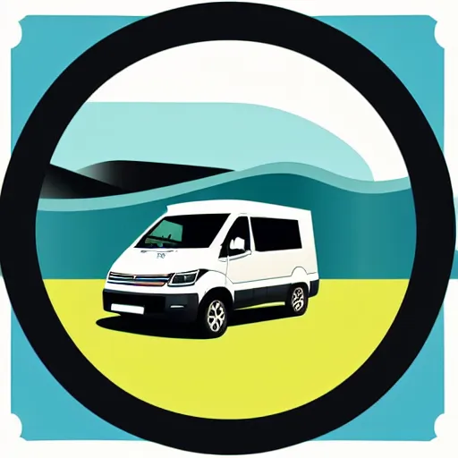 Image similar to very very very stylized minimal vector graphic of a thor chateau motorhome, hills and sunset, white background, all enclosed in a circle, professional minimal graphic design cartoon