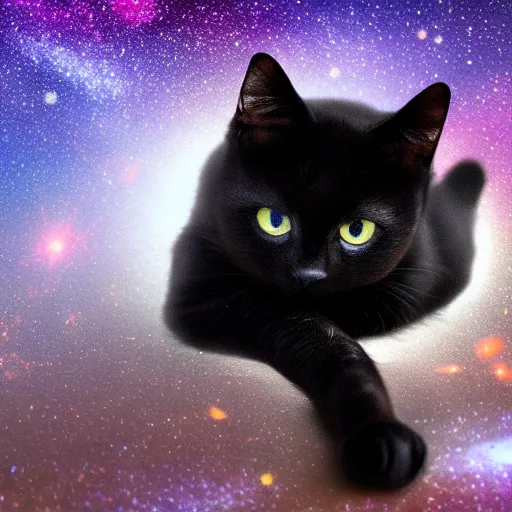 Prompt: black cat is lying on its back, the spiral galaxy on the background, photo 4k