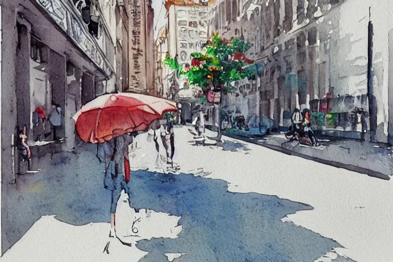 Prompt: street summer watercolor pen by brad mesina trending on artstation