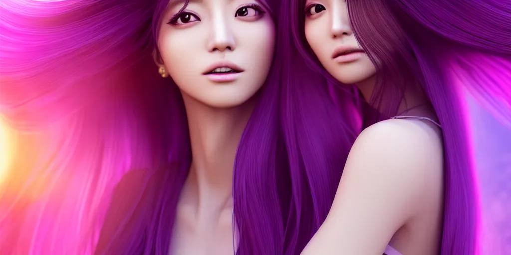 Image similar to woman with flowing long purple realistic hair like from a shampoo commercial side profile with hair flip, tzuyu from twice, in the style of wlop, artgerm, yasutomo oka, yuumei, rendered in unreal engine and redshift octane, digital art dynamic dramatic lighting, bokeh, imagine fx, artstation, cgsociety, zbrush central,