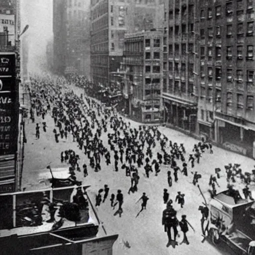 Image similar to old black and white photo, 1 9 1 3, depicting terminators rampaging through the bustling streets of new york city, historical record