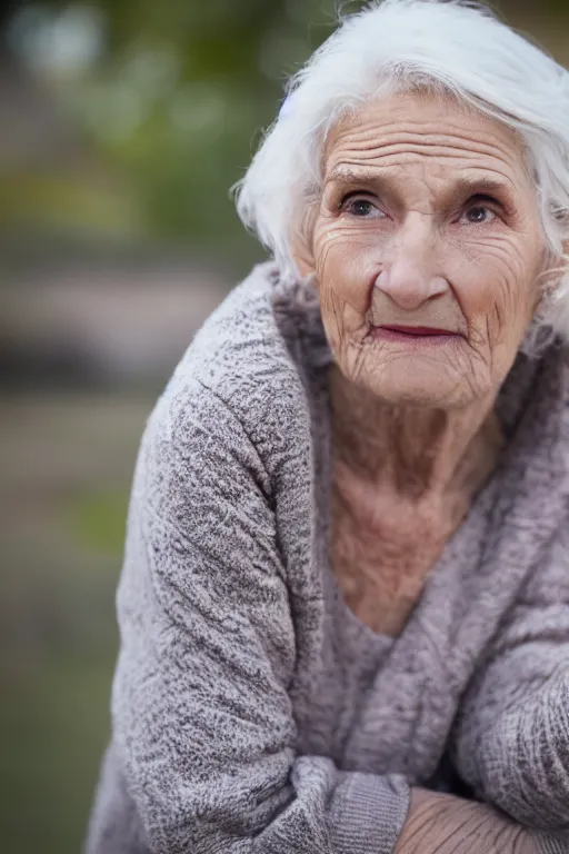 Prompt: older woman wrinkled wistful expression european sigma 1 0 5 mm f 2. 8 outdoors