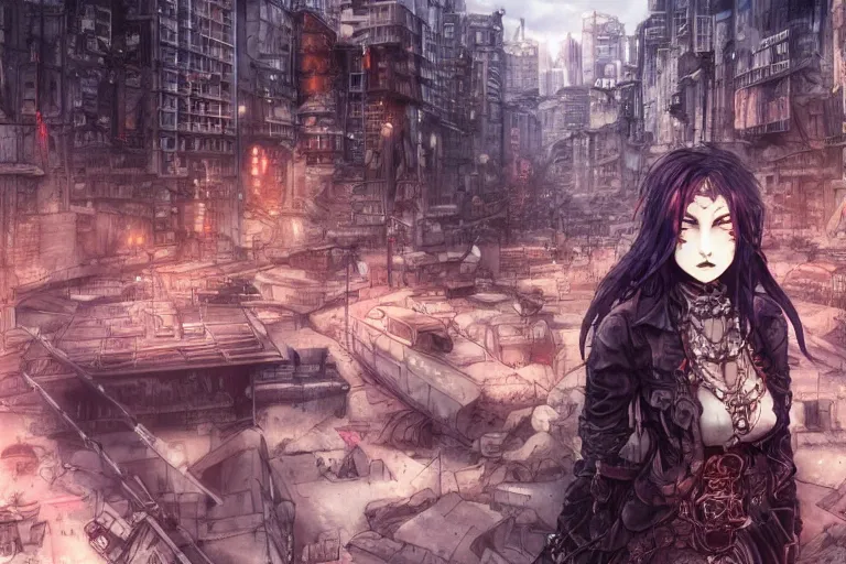 Image similar to goth woman in front of city, color page, tankoban, 4 k, tone mapping, akihiko yoshida, james jean andrei riabovitchev marc simonetti, yoshitaka amano, long hair, curly, h. hydrochaeri