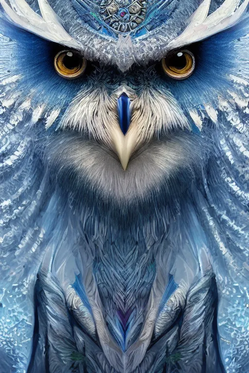 Image similar to a beautiful closeup shot from a fantasy film of a humanoid iridescent blue owlbear wearing a loose tunic. an anthropomorphic owlbear. fantasy, frown, intricate, elegant, highly detailed, digital painting, artstation, concept art, matte, sharp focus, illustration, art by artgerm and greg rutkowski and alphonse mucha