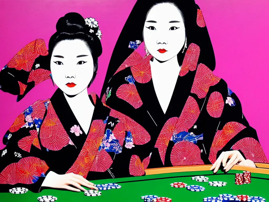 Image similar to hyperrealistic composition of the detailed woman in a japanese kimono sitting at a extremely detailed poker table with detailed darth vader, fireworks, mount fuji on the background, pop - art style, jacky tsai style, andy warhol style, acrylic on canvas