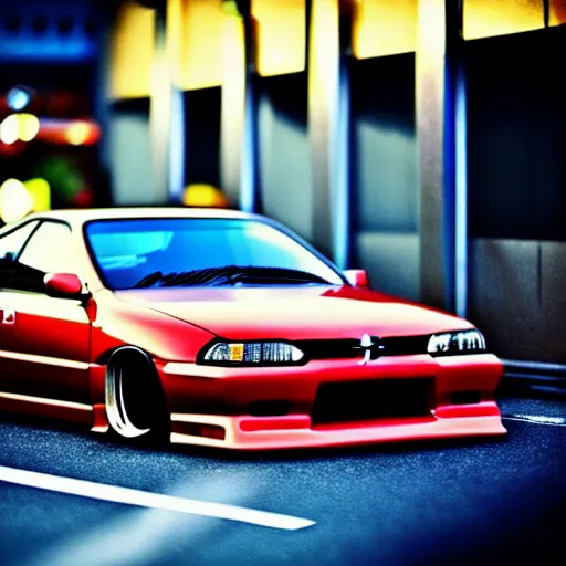 Image similar to a car Nissan Silvia at illegal car meet, Shibuya prefecture, city sunset, cinematic color, photorealistic, highly detailed