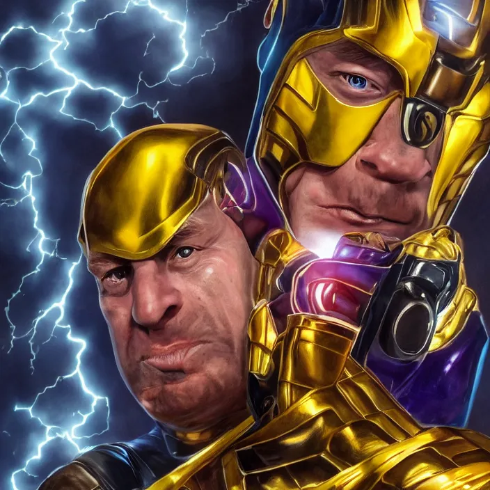 Image similar to portrait of Otto Waalkes, wearing The Infinity Gauntlet. Caricature artwork. trending on artstation, very coherent symmetrical artwork. avengers. thanos. cinematic, hyper realism, high detail, octane render, 8k, iridescent accents