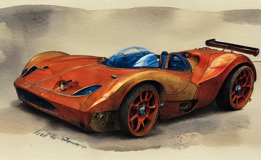 Prompt: sport car, colorful watercolor. by rembrant, battle angel alita, ralph mcquarrie, rust, 1 6 6 7