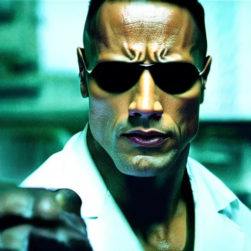 Prompt: cinematic film still of Dwayne Johnson in the movie the Matrix, high detail