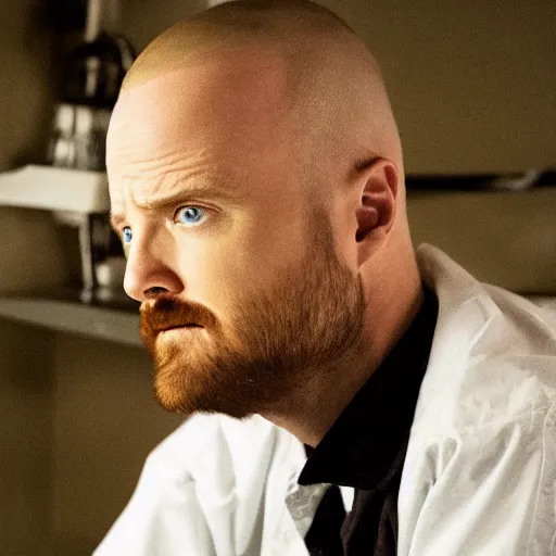 Image similar to Live Action Still of Aaron Paul dressed as and playing Walter White in Breaking Bad, real life, hyperrealistic, ultra realistic, realistic, highly detailed, epic, HD quality, 8k resolution, body and headshot, film still