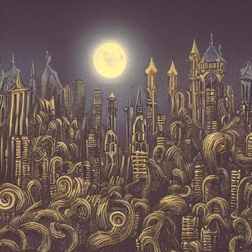 Prompt: full moon engulfed by tentacles over a gothic cityscape.