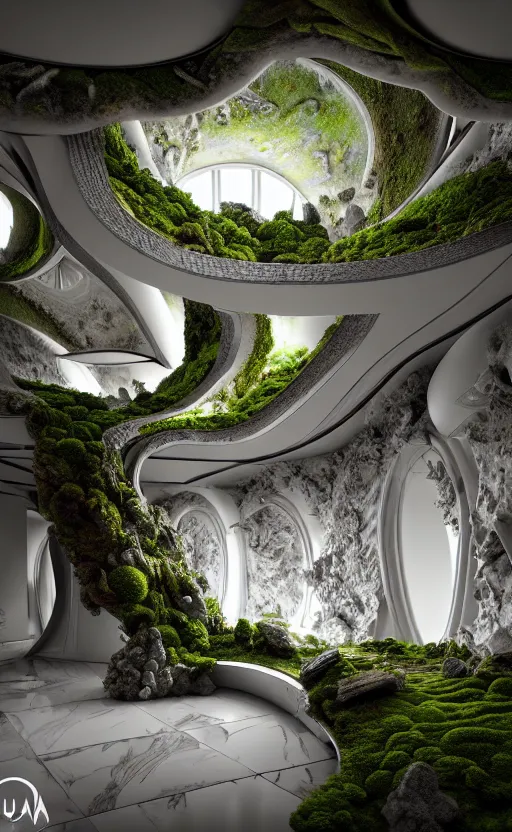 Image similar to highly detailed ultra sharp 3 d render villa interior cinematic composition of a smooth ceramic porcelain biomorphic magnolia stone nebula fluid fractal sci - fi surreal architecture landscape, granite, metallic, magnesium, marble, moss and lichen, vincent callebaut composition, mamou - mani, archviz, beautiful lighting, 8 k, unreal engine, hdr,