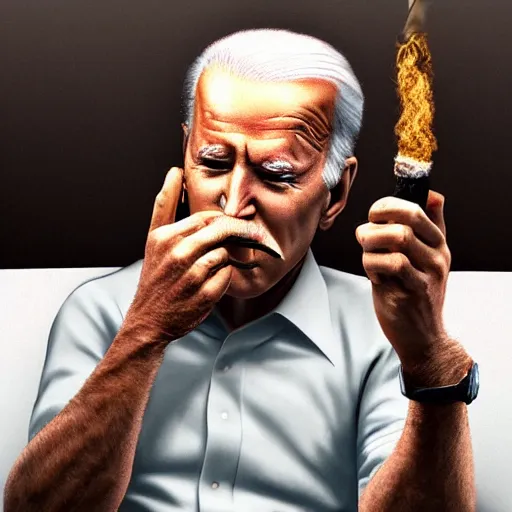 Prompt: joe biden smoking a giant smokey joint while sitting on a couch in a messed up apartment, stoned eyes, smoke, beautiful digital art, amazing detail, artstation, award winning, sharp