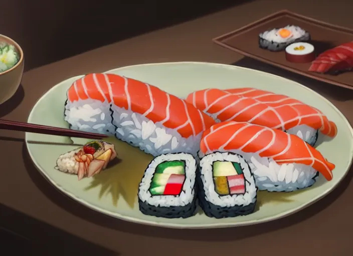 Image similar to a film still portrait of a plate with different kinds of sushi, finely detailed features, closeup at the food, perfect art, at a dinner table, gapmoe yandere grimdark, trending on pixiv fanbox, painted by greg rutkowski makoto shinkai takashi takeuchi studio ghibli, akihiko yoshida