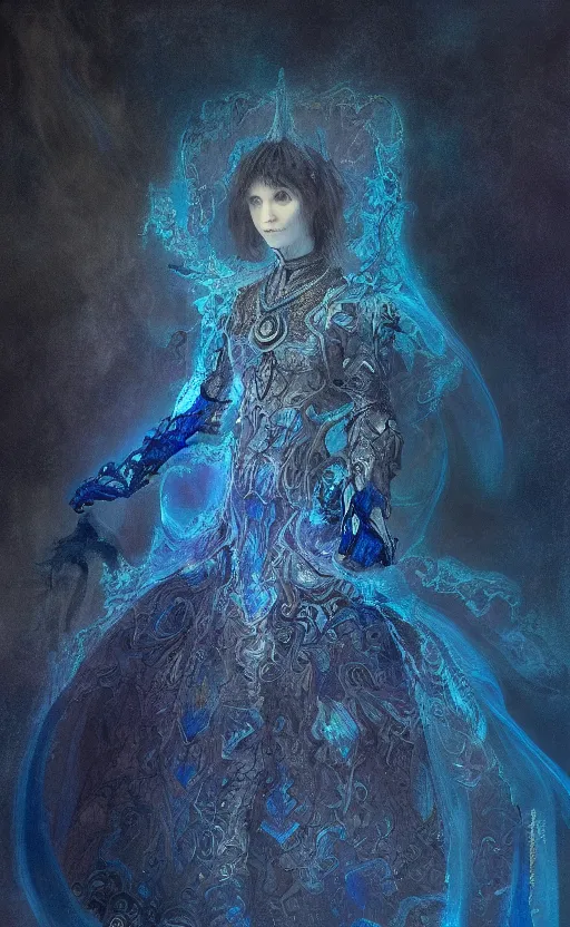 Prompt: Gothic princess in dark and blue dragon armor. By (Rembrandt painting(100)(fractal flame)), highly detailded