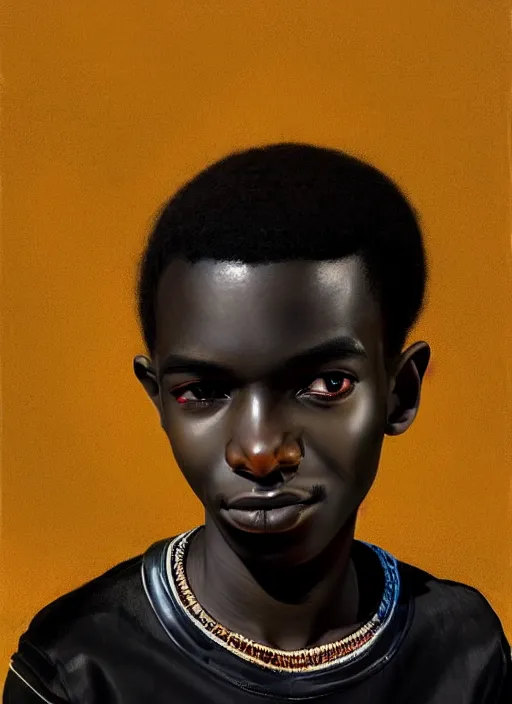 Image similar to portrait of a african teen boy with a crooked nose and a confident expression, 1 9 6 0 s, black clothes, goth, punk, brightly coloured hair, funk, intricate, elegant, highly detailed, digital painting, artstation, concept art, smooth, sharp focus, illustration, art by wlop, mars ravelo and greg rutkowski