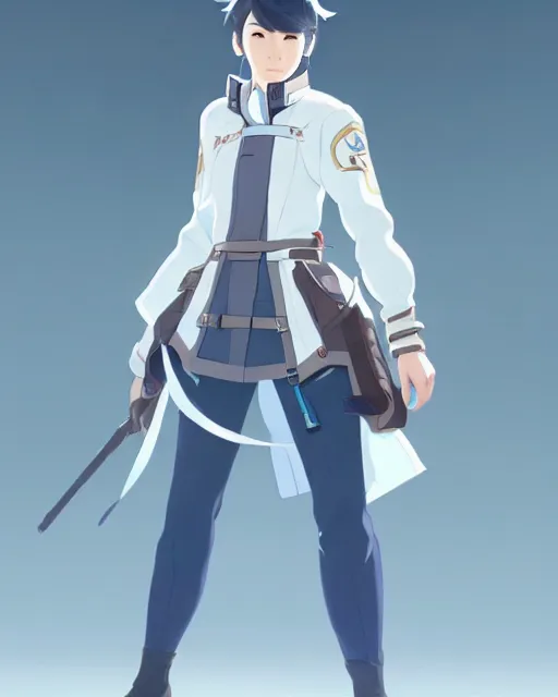 Image similar to a south korean female from video game paladins, she wears a light blue jacket, white ponytail hair, detailed perfect face, exquisite details, fire magic, mid view, design on a white background, by studio muti, greg rutkowski makoto shinkai takashi takeuch studio ghibli