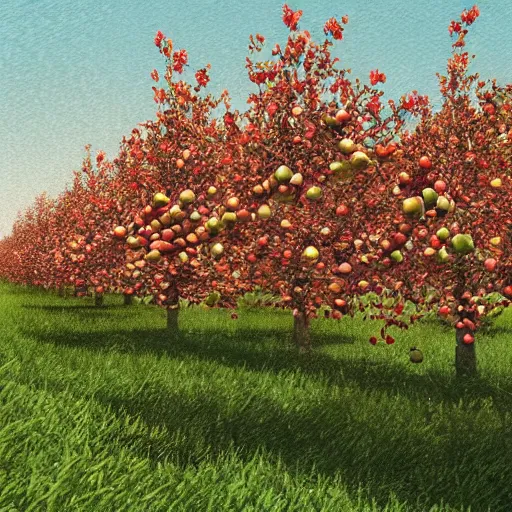 Image similar to apple trees brimming with apples, photorealistic,