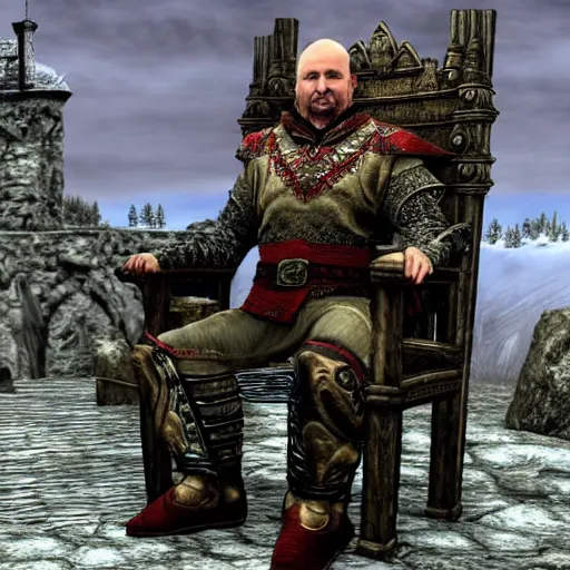 Image similar to Alexander Lukashenko as a Jarl of Belarus Hold in The Elder Scrolls V: Skyrim sitting on his throne in a slumped pose