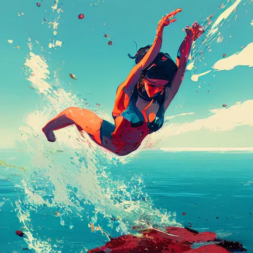 Image similar to a ultradetailed beautiful panting of a woman diving into the ocean, by conrad roset, greg rutkowski and makoto shinkai, trending on artstation