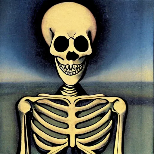 Prompt: jesus skeleton on earth inside a thermonuclear blast in the style of Max Ernst