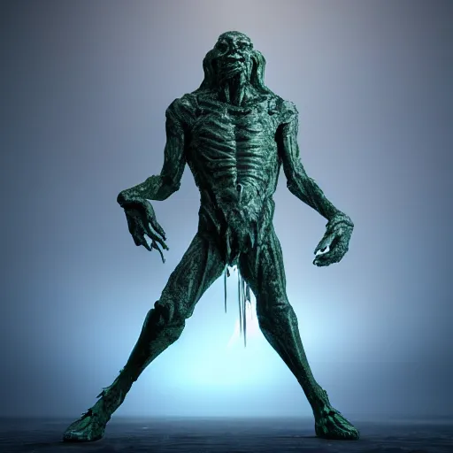 Image similar to a vaguely humanoid god, evil, villain, studio, studio background, sharp focus, dynamic lights, still, photograph, hyper realistic, masterpiece, digital, octane render, rendered, 3 d, blender, 3 d software, cinematic, cinematic lighting, dramatic lighting, dramatic, highly detailed, intricate details, texture, slime, cinematic composition