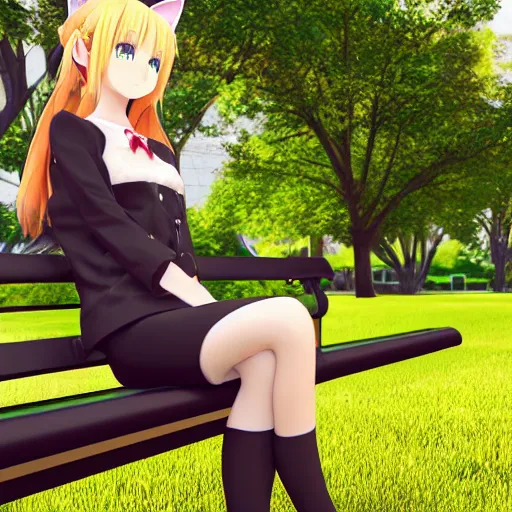 Image similar to 3 d photo of an anime girl with cat ears and long blond hair looking to her side sitting on a bench with a park behind her bokeh shader anime