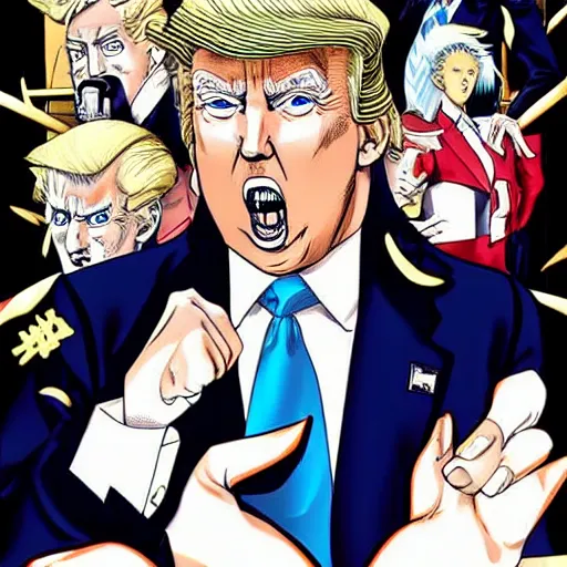 Prompt: Donald trump in JoJo’s bizarre adventure manga, the menacing symbols can be seen above his head