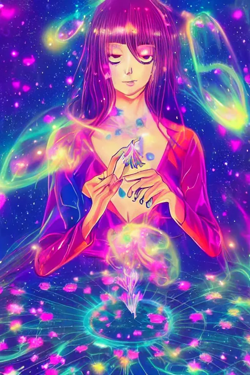 Image similar to psychedelic, whimsical, anime, 4k, beautiful intimate woman blowing smoke, with professional makeup, long trippy hair, a crystal and flower dress, sitting in a reflective pool, surrounded by gems, underneath the stars, rainbow fireflies, trending on patreon, deviantart, twitter, artstation, volumetric lighting, heavy contrast, art style of Ross Tran and Ilya Kuvshinov