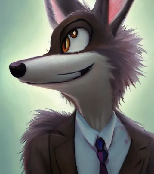 Image similar to oil painting of full body of anthromorphic female wolf, in style of zootopia, zootopia, zootopia, fursona, furry, furaffinity, 4 k, deviantart, furry art, fursona art, wearing black business suit, business suit, in style of zootopia, wolf fursona, cyberpunk, female, expressive detailed feminine face,