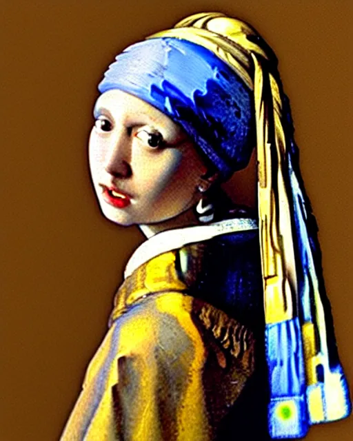 Image similar to Girl with a Pearl Earring Painting by Johannes Vermeer but it is a pear earing instead