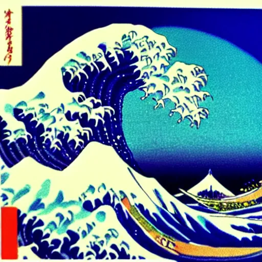 Image similar to vaporwave great wave of kanagawa, outrun, 90s style