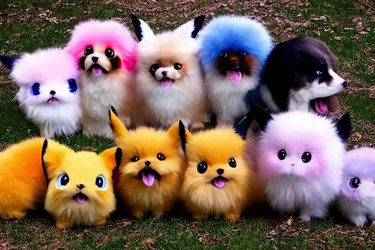 Image similar to real life pokemons, cute!!!, content!!!, mischievous!!!, adorable!!!, little furballs, fluffy!!!, ultra realistic!!!, golden hour, sharp focus