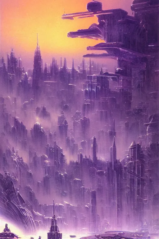 Prompt: a city in an icy landscape, cosmic sky sci - fi vivid by bruce pennington