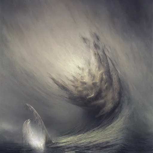 Image similar to by alejandro burdisio, by honore daumier atmospheric, hideous. the digital art of a huge wave about to crash down on three small boats. the boats are filled with people, & they all look terrified.